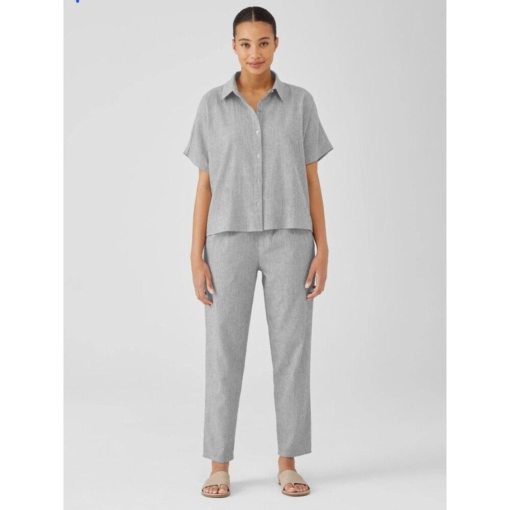 Eileen Fisher Organic Cotton Linen Striped Tapered Ankle Pull On Pants Pockets M